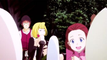 1boy 2girls angry animated animated_gif ann_(junketsu_no_maria) artemis_(junketsu_no_maria) bird blonde_hair blue_eyes earrings elbow_gloves ezekiel_(junketsu_no_maria) gloves jewelry joseph_(junketsu_no_maria) junketsu_no_maria maria_(junketsu_no_maria) multiple_girls owl short_hair