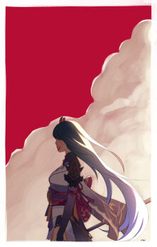 1girl armor artist_name back_bow black_panties blood blood_on_face blood_splatter blunt_bangs bow bridal_gauntlets clothing_cutout cloud cloudy_sky commentary crying english_commentary engulfing_lightning_(genshin_impact) faceless faceless_female genshin_impact gradient_hair hair_down hair_flowing_over hair_ornament highres holding holding_polearm holding_weapon japanese_clothes kimono long_hair mitsudomoe_(shape) multicolored_hair neck_ribbon off_shoulder outdoors panties polearm purple_hair purple_kimono raiden_shogun red_background red_ribbon red_sash red_sky ribbon sad sash shade shoulder_armor shoulder_cutout sky smoke solo standing thighhighs tomoe_(symbol) ujugn underwear upper_body weapon