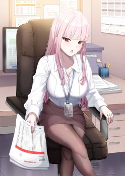 1girl breasts chair collarbone crossed_legs desk dress_shirt highres holding holding_paper hololive hololive_english id_card lanyard large_breasts monitor mori_calliope office_lady open_mouth orihimestudio pantyhose paper paper_stack pencil_skirt pink_hair red_eyes shirt sitting skirt solo swivel_chair virtual_youtuber white_shirt