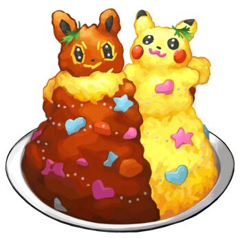 artist_request character-themed_food curry curry_rice eevee food food_focus game_cg garnish gen_1_pokemon heart herb nintendo no_humans official_art pikachu plate pokemon pokemon_swsh rice star_(symbol) third-party_source transparent_background