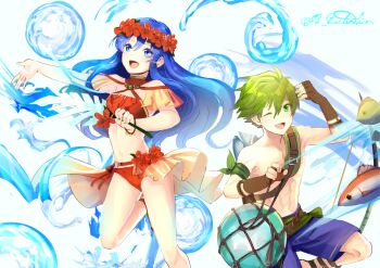 1boy 1girl bikini blue_eyes blue_hair bow_(weapon) breasts fire_emblem fire_emblem:_the_binding_blade fire_emblem_heroes fish flower green_eyes green_hair lilina_(fire_emblem) lilina_(summer)_(fire_emblem) navel nintendo open_mouth shoochiku_bai short_hair smile swimsuit water weapon wolt_(fire_emblem) wolt_(summer)_(fire_emblem)