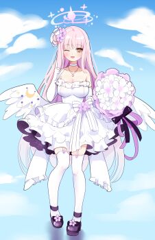 1girl absurdres alternate_costume angel_wings blue_archive blush bouquet breasts bride cleavage collarbone crescent dress elbow_gloves feathered_wings flower garter_straps gloves hair_bun hair_flower hair_ornament halo high_heels highres holding holding_bouquet long_hair low_wings medium_breasts mika_(blue_archive) one_eye_closed open_mouth pink_flower pink_hair pumps single_hair_bun single_side_bun smile solo thighhighs very_long_hair wedding_dress white_dress white_flower white_gloves white_thighhighs white_wings wing_ornament wings zhang_xiaozhai