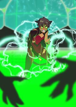 1girl 2boys animal_ears breasts brown_hair cat_ears cat_girl cat_tail catra claws cleavage cleavage_cutout clenched_teeth clothing_cutout dripping electricity fingerless_gloves gloves glowing glowing_eyes green_eyes highres lava_beee leotard liquid looking_at_viewer masters_of_the_universe multiple_boys out_of_frame pool red_leotard she-ra_and_the_princesses_of_power short_hair shrug_(clothing) single_fingerless_glove slouching small_breasts standing standing_on_liquid tail teeth torn_clothes torn_leotard torn_sleeves wet wet_clothes