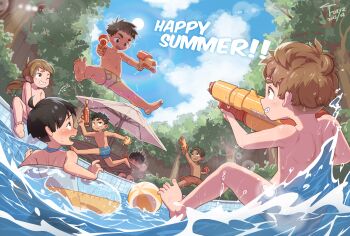 1girl 6+boys barefoot feet highres loli multiple_boys nipples playing pool shorts shota tagme toxyz water water_gun