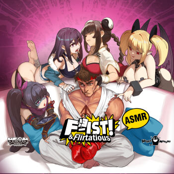 1boy 4girls absurdres artist_request ass barefoot black_gloves blonde_hair breasts brown_hair china_dress chinese_clothes chun_lan_(waifu_fighter) cleavage copyright_name cosplay couch danielle_(waifu_fighter) demon_girl demon_wings dress fingerless_gloves fuuka_(waifu_fighter) gloves highres jack_hoff_(waifu_fighter) katie_(waifu_fighter) long_hair mars_symbol meme multiple_girls muscular ninja official_art on_couch pantyhose piper_perri_surrounded_(meme) pointy_ears purple_background purple_eyes red_dress red_eyes ryu_(street_fighter) side_ponytail sitting street_fighter torn_clothes torn_pantyhose waifu_fighter wings