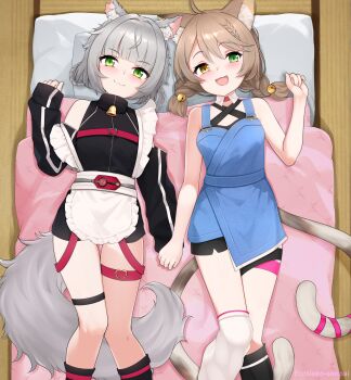 2girls animal_ear_fluff animal_ears asymmetrical_legwear bed_sheet bell blanket breasts brown_hair cat_ears cat_girl cat_tail closed_mouth commission eroneko_senpai fang green_eyes grey_hair heterochromia highres holding_hands indie_virtual_youtuber kamizuki_naki looking_at_viewer lying multiple_girls neko nose on_back on_floor open_mouth pillow prism_project small_breasts suzune_nia tail virtual_youtuber wolf_ears wolf_girl wolf_tail yellow_eyes