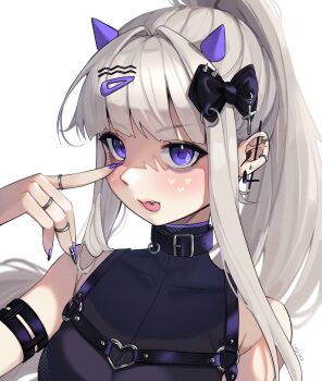 1girl absurdres bags_under_eyes black_bow black_choker blonde_hair bow ceskyne chest_harness choker ear_piercing eyelid_pull facial_mark hair_bow hair_ornament hairclip harness heart heart_facial_mark heart_o-ring high_ponytail highres horns jewelry looking_at_viewer multicolored_nails multiple_rings o-ring original piercing ponytail purple_eyes purple_horns ring sidelocks sleeveless tongue tongue_out tongue_piercing white_background