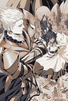 1boy 1girl armor artist_name chiamo_(lmc_clm) cityscape commentary_request crossed_arms dress earrings elbow_gloves fate/strange_fake fate_(series) floating_hair gilgamesh_(fate) gloves hair_ribbon hair_slicked_back highres jewelry midair monochrome outdoors parachute ribbon shoes sweat tan tine_chelc
