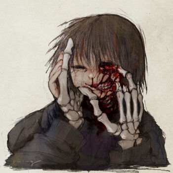 2others anminshing bleeding blood blood_from_mouth blood_on_clothes blood_on_hands blood_on_nose bloody_tears brown_hair clenched_teeth closed_eyes coat commentary_request crying deep_wound exposed_bone facing_to_the_side finger_to_eye frisk_(undertale) grey_coat grey_sweater guro hand_on_another&#039;s_cheek hand_on_another&#039;s_face hand_on_own_cheek hand_on_own_face highres injury multiple_others sans_(undertale) skeleton streaming_tears sweater tears teeth undertale upper_body utdr_(toby_fox)