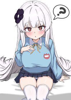 1girl ? absurdres black_skirt blue_shirt blush bright_pupils cameltoe collared_shirt commission covered_erect_nipples flower hair_flower hair_ornament hand_on_own_chest highres long_hair long_sleeves looking_at_viewer maplestory miniskirt neck_ribbon oldsickkim panties parted_lips player_character_(maplestory) pleated_skirt red_eyes ribbon shirt simple_background sitting skindentation skirt solo spoken_question_mark thighhighs thighs underwear very_long_hair white_background white_hair white_panties white_thighhighs