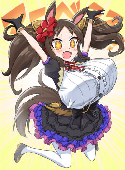 +_+ 1girl :d animal_ears arms_up black_bow black_dress black_gloves blush bow breasts brown_hair buttons commentary_request dress fang frilled_dress frilled_shirt frills full_body gloves hair_ornament horse_ears horse_girl horse_tail huge_breasts jumping layered_dress long_hair marvelous_sunday_(umamusume) multicolored_dress neck_ribbon open_mouth orange_eyes oro_(zetsubou_girl) pantyhose parted_bangs pink_trim puffy_short_sleeves puffy_sleeves purple_trim red_ribbon ribbon shirt shoes short_sleeves sidelocks skin_fang smile solo tail translation_request twintails umamusume white_pantyhose white_shirt yellow_background