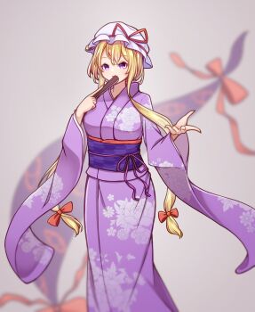 1girl absurdres alternate_costume blonde_hair bow breasts brown_background commentary_request fan_over_face floral_print folded_fan folding_fan furisode gap_(touhou) hair_bow hand_fan hashi2387 hat hat_ribbon highres holding holding_fan japanese_clothes kimono long_hair long_sleeves looking_at_viewer mob_cap obi obiage obijime print_kimono purple_eyes purple_kimono purple_sash red_bow ribbon sash smile solo touhou very_long_hair white_hat wide_sleeves yakumo_yukari