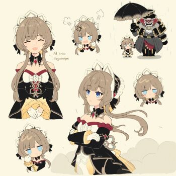 1girl anger_vein black_dress black_sleeves blue_eyes brown_hair chibi detached_sleeves dress genshin_impact gloves headdress highres holding holding_umbrella humanoid_robot multicolored_dress pulonia_(genshin_impact) robot sandrone_(genshin_impact) short_hair_with_long_locks simple_background solo umbrella white_dress white_gloves white_headdress xerin_art yellow_background