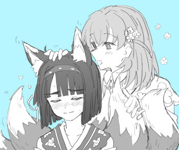 2girls animal_ear_fluff animal_ears bare_shoulders blue_background blunt_bangs blunt_ends blush bob_cut cerise_bouquet collarbone commentary english_commentary flower fox_ears fox_girl greyscale_with_colored_background hair_flower hair_ornament hasunosora_fantasy headpat hinoshita_kaho japanese_clothes kemonomimi_mode kimono kitsune kyuubi link!_like!_love_live! love_live! medium_hair momose_ginko multiple_girls multiple_tails nervous_sweating nogreen nontraditional_miko nose_blush official_alternate_costume open_mouth raised_inner_eyebrows short_hair sleeveless sleeveless_kimono sweat tail two_side_up