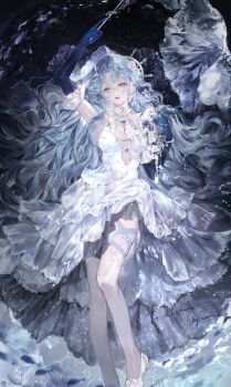 Rule 34 | 1girl, absurdres, air bubble, arm up, armpits, artist name, beach, black background, blue eyes, blue gem, blue gloves, blue hair, bow, bow choker, bowtie, breasts, bubble, chinese commentary, choker, cleavage, closed mouth, club (weapon), commentary request, dress, fish, flower, flower thigh strap, frilled dress, frilled gloves, frilled hairband, frills, gem, gloves, goldfish, hair flower, hair ornament, hairband, hamon, hand up, high heels, highres, holding, holding club, holding weapon, jewelry, leg ribbon, lip balm, middle part, necklace, original, pantyhose, parted bangs, pearl (gemstone), pearl body chain, pearl hair ornament, pearl necklace, petticoat, ribbon, ripples, sand, seashell, see-through bow, see-through bowtie, see-through clothes, see-through headwear, see-through pantyhose, shell, signature, sleeveless, small breasts, solo, suspenders, thigh ribbon, thigh strap, tiptoes, waves, wavy hair, weapon, wedding dress, white bow, white bowtie, white dress, white pantyhose, xuanx