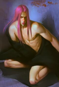 Rule 34 | 1boy, abs, alternate costume, bare pectorals, commentary, english commentary, highres, jojo no kimyou na bouken, kneeling, long hair, looking at viewer, makeup, male focus, narciso anasui, nipples, nude, pectorals, pink hair, pink lips, prof pega, sitting, solo, stone ocean, toned, toned male