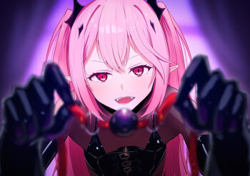 1girl ball_gag black_corset black_gloves blurry blurry_foreground bodystocking bondage_outfit breasts commentary_request corset dominatrix elbow_gloves fangs gag gloves katsuten krul_tepes long_hair looking_at_viewer owari_no_seraph pink_hair pointy_ears pov red_eyes shiny_clothes slit_pupils small_breasts solo two_side_up