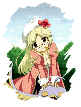 1girl 2000s_(style) beret bird blonde_hair blue_bird blue_sky border bow breasts canvas_texture cleavage closed_mouth commentary_request cowboy_shot downblouse dress filir_(ragnarok_online) flower flower_in_mouth futatsuki_hisame glasses hat hat_bow high_priest_(ragnarok_online) highres juliet_sleeves leaning_forward long_hair long_sleeves looking_at_viewer medium_breasts outdoors pink_thighhighs puffy_sleeves ragnarok_online red-framed_eyewear red_bow red_dress red_eyes sky smile solo thighhighs white_border white_hat yellow_eyes yellow_flower