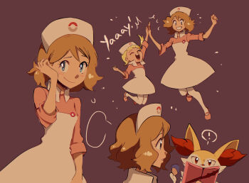 ! 2girls berry_(pokemon) blonde_hair blue_eyes blush bonnie_(pokemon) braixen brown_hair chesto_berry closed_eyes closed_mouth commentary cosplay deathyatina dress eyelashes gen_6_pokemon hat high_five highres holding joy_(pokemon) joy_(pokemon)_(cosplay) multiple_girls multiple_views nintendo nurse_cap official_alternate_hair_length official_alternate_hairstyle open_mouth pokemon pokemon_(anime) pokemon_(creature) pokemon_xy_(anime) purple_background serena_(pokemon) short_hair simple_background smile teeth upper_teeth_only white_hat