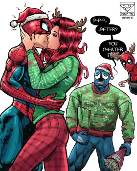 1girl 3boys absurdres artist_name bouquet candy candy_cane censored character_censor christmas commentary crying deadpool derivative_work english_commentary english_text fake_antlers flower food freckles frown hand_around_waist hat highres holding holding_bouquet kiss long_hair looking_at_another marvel mary_jane_watson mask multiple_boys novelty_censor pizza990 red_hair santa_hat sharp_teeth speech_bubble spider-man spider-man_(series) spider-sense_(spider-man) spider_web_print superhero_costume sweater symbiote teeth venom_(marvel)