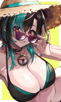 1girl absurdres adjusting_eyewear aqua_hair aqua_nails bikini black_bikini black_hair breasts cleavage closed_mouth hat highres hololive hololive_dev_is large_breasts looking_at_viewer multicolored_hair ooike_teru red-framed_eyewear red_eyes rindo_chihaya smile solo straw_hat streaked_hair sunglasses swimsuit virtual_youtuber white_streaks