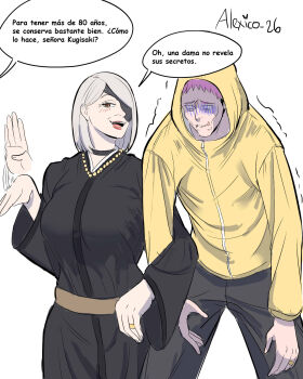 Rule 34 | 1boy, 1girl, artist name, black hair, black kimono, black pants, blush, brown eyes, commentary request, eyepatch, gloom (expression), grey hair, highres, hood, hood up, hoodie, itadori yuuji, japanese clothes, jewelry, jujutsu kaisen, jujutsu kaisen modulo, kimono, kugisaki nobara, long sleeves, multicolored hair, old, old woman, pants, pink hair, red lips, ring, scar, scar on face, simple background, spanish commentary, spanish text, speech bubble, thecooleralexico, translation request, two-tone hair, undercut, wedding ring, white background, wide sleeves, yellow hoodie