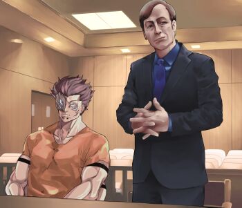 2boys absurdres arm_tattoo better_call_saul black_suit blue_necktie blue_shirt breaking_bad brown_eyes brown_hair ceiling_light collared_shirt courtroom crossover dakaeya extra_arms extra_eyes facial_tattoo formal_clothes grey_eyes highres indoors jujutsu_kaisen male_focus multiple_boys necktie orange_shirt prison_clothes ryoumen_sukuna_(jujutsu_kaisen) ryoumen_sukuna_(true_form)_(jujutsu_kaisen) saul_goodman shirt short_hair spiked_hair suit tattoo