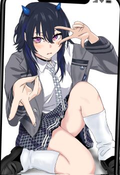 1girl battery_indicator black_hair black_shoes blue_hair blue_horns cellphone demon_horns double_v gagusha grey_jacket grey_necktie grey_skirt highres horns ichinose_uruha ichinose_uruha_(6th_costume) jacket loafers looking_at_viewer loose_socks multicolored_hair necktie phone purple_eyes shirt shoes signal_bar sitting skirt smartphone socks solo streaked_hair two-tone_hair user_interface v virtual_youtuber vspo! white_shirt white_socks wi-fi_symbol