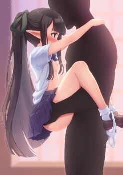 1boy 1girl absurdres black_hair blush commentary_request commission hetero highres loli long_hair nipples panties panties_around_leg pointy_ears sen_no_rikyuu_(sengoku_bushouki_muramasa) sengoku_bushouki_muramasa sex skeb_commission skirt underwear variant_set zusshii_(libertasgenesis)