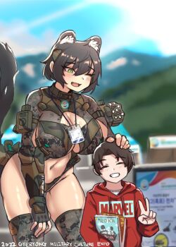 1boy 1girl animal_ears armored_gloves bincan black_hair boots breasts camouflage camouflage_leotard cleavage_cutout clothing_cutout cover english_text gluteal_fold green_eyes hair_between_eyes headgear highleg highleg_leotard highres hood hood_down hoodie k2_black_panther lanyard large_breasts leotard magazine_cover marvel mecha_musume merchandise military navel navel_cutout open_mouth original panther_ears panther_tail peace_symbol personification pictures_at_an_exhibition revealing_clothes short_hair shorter_male skin_tight smile smokestack stomach tail taller_female teeth thighhighs underboob upper_teeth_only
