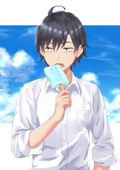1boy absurdres ahoge black_eyes black_hair border collared_shirt commentary_request food highres hikigaya_hachiman holding holding_food holding_popsicle looking_to_the_side male_focus meri-san open_mouth outside_border popsicle sanpaku shirt short_hair sky sleeves_rolled_up solo upper_body white_border white_shirt yahari_ore_no_seishun_lovecome_wa_machigatteiru.