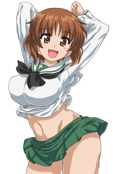 1girl 9s0ykoyama117 absurdres blush blush_stickers breasts brown_eyes brown_hair girls_und_panzer highres large_breasts looking_at_viewer midriff miniskirt navel nishizumi_miho ooarai_school_uniform open_mouth pleated_skirt school_uniform short_hair simple_background skirt smile solo white_background