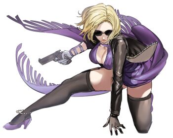 1girl asymmetrical_gloves black_gloves black_jacket black_thighhighs breasts cleavage cleavage_cutout closed_mouth clothing_cutout death_by_degrees dress full_body gloves gun handgun hanny_(uirusu_chan) high_heels highres holding holding_gun holding_weapon jacket medium_breasts mismatched_gloves nina_williams open_clothes open_jacket purple_dress purple_footwear short_hair simple_background solo sunglasses tekken tekken_2 tekken_3 tekken_4 tekken_5 tekken_5_(dark_resurrection) tekken_7 tekken_8 tekken_blood_vengeance tekken_bloodline tekken_tag_tournament_2 tekken_the_motion_picture thighhighs weapon white_background white_gloves