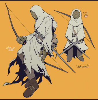 1other ambiguous_gender bearer_of_the_curse boots bow_(weapon) brown_boots commentary dark_souls_(series) dark_souls_ii dual_wielding english_commentary full_body gauntlets highres holding holding_bow_(weapon) holding_sword holding_weapon mask masked multiple_views okajamira orange_background other_focus robe scroll signature simple_background sword weapon white_hood white_robe