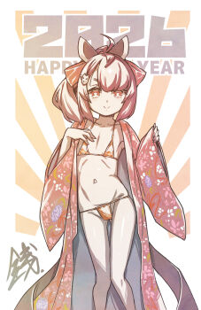 1girl 2026 ahoge bikini commentary_request flat_chest happy_new_year headgear highres japanese_clothes kimono looking_at_viewer navel new_year open_clothes open_kimono ponytail purple_hair red_eyes sentarou smile solo sunburst sunburst_background swimsuit thigh_gap touhoku_kiritan voiceroid