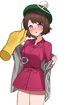 1boy 1girl @_@ absurdres blush brown_hair cardigan commentary_request disembodied_hand gen_1_pokemon gloria_(pokemon) green_hat grey_cardigan hat highres hypno hypnosis korean_commentary looking_at_viewer mind_control nintendo open_cardigan open_clothes open_mouth pokemon pokemon_(creature) pokemon_swsh red_shirt shirt short_hair simple_background solo_focus tam_o&#039;_shanter thighs white_background ziro_(zirorong)