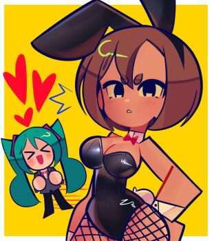 &gt;_&lt; 2girls animal_ears aqua_hair black_hairband black_pants black_shoes blush blush_stickers border bowtie breasts brown_hair cleavage fake_animal_ears fake_tail fishnets formal_clothes grey_suit hairband hand_on_own_hip hatsune_miku large_breasts leotard long_hair looking_at_viewer meiko_(vocaloid) multiple_girls open_mouth pants playboy_bunny rabbit_ears rabbit_tail rainelyn00 red_bow red_bowtie serious shoes short_hair simple_background smile strapless strapless_leotard suit tail tan thick_eyebrows triangle_mouth twintails vocaloid white_border yellow_background