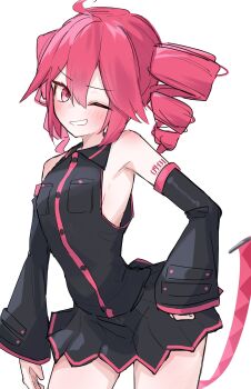 1girl ahoge bare_shoulders black_shirt black_skirt black_sleeves breast_pocket collared_shirt commentary detached_sleeves double-parted_bangs drill_hair grin hair_between_eyes highres kasane_teto kasane_teto_(utau) miniskirt number_tattoo one_eye_closed pocket red_eyes red_hair red_trim shirt shoulder_tattoo skirt skirt_set sleeveless sleeveless_shirt smile tail tattoo thinker25075754 tsurime twin_drills utau v-shaped_eyebrows white_background