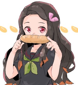 1girl adapted_costume baguette black_hair black_sailor_collar black_serafuku black_shirt bread bread_print colored_tips commentary_request contemporary covering_own_mouth food green_neckerchief hair_ribbon hands_up holding holding_bread holding_food jamir kamado_nezuko kimetsu_no_yaiba long_hair multicolored_hair neckerchief pink_eyes pink_ribbon ribbon sailor_collar school_uniform serafuku shirt short_sleeves solo upper_body