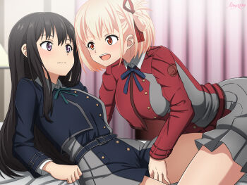 2girls absurdres all_fours anime_coloring arms_at_sides artist_name bed bed_sheet belt between_thighs black_hair blonde_hair blue_belt blue_dress blue_ribbon blurry blurry_background blush bob_cut breasts cameltoe collared_shirt commentary_request curtains dress embarrassed green_ribbon grey_dress groping hair_ribbon highres inoue_takina long_hair long_sleeves looking_at_another lycoris_recoil lycoris_uniform lying md5_mismatch multiple_girls mysteryctu neck_ribbon nishikigi_chisato open_mouth pillow pleated_dress purple_eyes red_belt red_dress red_eyes red_ribbon revision ribbon school_uniform shirt short_hair sweatdrop two-tone_dress white_shirt yuri