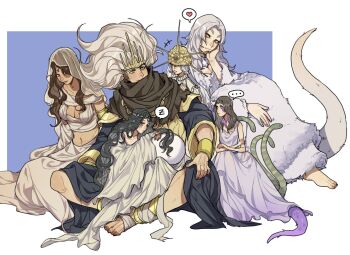 Rule 34 | ..., anklet, armlet, bandaged foot, bandages, barefoot, black hair, black robe, blue background, border, bracelet, breasts, brown hair, brown neckerchief, cleavage, closed eyes, closed mouth, commentary, company captain yorshka, crossed arms, crown, dark souls (series), dark souls i, dark souls iii, dark sun gwyndolin, dragon tail, dress, english commentary, filianore (dark souls), forehead jewel, fur-trimmed dress, fur trim, gold crown, gold headwear, grey hair, hand on own face, hand on own knee, heart, highres, jewelry, long hair, looking at another, looking at viewer, medium breasts, nameless king, navel, neckerchief, parted lips, priscilla the crossbreed, purple dress, queen of sunlight gwynevere, robe, see-through clothes, see-through veil, sitting, sleeping, sleeping on person, smile, spoken heart, spoken zzz, stomach, tail, tail raised, toes, tworain w, veil, wavy hair, white border, white dress, wide sleeves, yellow eyes, zzz