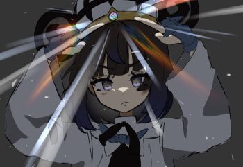 1girl :&lt; arms_up black_hair black_ribbon blue_gloves closed_mouth eyelashes gloves grey_background gwynn_(pokemon) hashtag-only_commentary highres jacket long_hair long_sleeves looking_at_viewer neck_ribbon nintendo open_clothes open_jacket partially_fingerless_gloves pokemon pokemon_legends:_z-a ribbon seonghak80 simple_background solo upper_body white_jacket