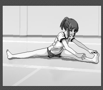 1girl barefoot border closed_mouth full_body greyscale gym_uniform hair_up hamsterfragment high_ponytail indoors jaggy_lines lowres monochrome original ponytail reflective_floor shinohata_sachie_(hamsterfragment) short_shorts short_sleeves shorts side_sitting_split solo split stretching
