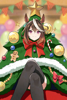 1girl animal_ears balloon black_thighhighs blush bow brown_hair candy candy_cane christmas_ornaments christmas_tree christmas_tree_costume closed_mouth crossed_legs earrings food gingerbread_man hair_between_eyes horse_ears horse_girl jewelry long_hair looking_at_viewer mauve multicolored_hair purple_eyes single_earring sitting smile star_(symbol) streaked_hair symboli_rudolf_(christmas_emperor_tree)_(umamusume) symboli_rudolf_(umamusume) thighhighs tree_costume umamusume white_hair