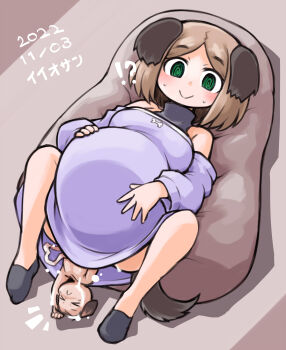 1girl absurdres baby bare_shoulders belly big_belly breasts giving_birth hand_on_own_stomach highres kugelschreiber original pregnant short_hair smile spread_legs stomach umbilical_cord