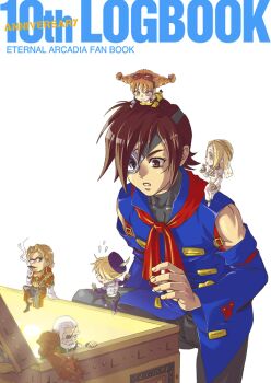 2girls 4boys aika_(eternal_arcadia) bad_id bad_pixiv_id belt blonde_hair blue_eyes brown_eyes brown_hair chibi cigar coat cover detached_sleeves drachma_(eternal_arcadia) enrique_(eternal_arcadia) eternal_arcadia eyepatch facial_mark fina_(eternal_arcadia) aviator_goggles glasses green_eyes guilder_(eternal_arcadia) hat kyotuka mechanical_arms mini_person miniboy minigirl multiple_boys multiple_girls on_head orange_hair pantyhose person_on_head single_mechanical_arm sitting smile smoke smoking trench_coat vyse white_hair