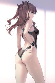 1girl absurdres adjusting_clothes adjusting_swimsuit ass back black_one-piece_swimsuit black_ribbon blue_eyes breasts brown_hair commentary_request competition_swimsuit cowboy_shot fate/stay_night fate_(series) floating_hair from_side gomashio_ponz hair_ornament highres long_hair looking_at_viewer looking_back medium_breasts one-piece_swimsuit parted_lips revision ribbon shiny_skin solo standing swimsuit tohsaka_rin twitter_username two_side_up water_drop wet wet_clothes wet_swimsuit wristband