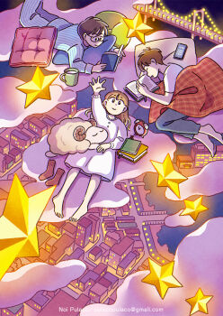 Rule 34 | 1girl, 2boys, alarm clock, animal, artist name, barefoot, blanket, book, bridge, brown hair, brown socks, cellphone, city lights, clock, closed mouth, cloud, commentary, commentary request, cup, english commentary, fetal position, glasses, highres, holding, holding book, looking up, lying, mixed-language commentary, mug, multiple boys, night, nightgown, noi pulaco, on cloud, on pillow, on side, on stomach, open book, original, outstretched arm, pajamas, phone, pile of books, reading, sheep, short hair, sleeping, smartphone, smile, socks, star (symbol), striped clothes, striped pajamas, surreal, suspension bridge, town, unworn socks, vertical-striped clothes, vertical-striped pajamas, very short hair, white nightgown, white pajamas