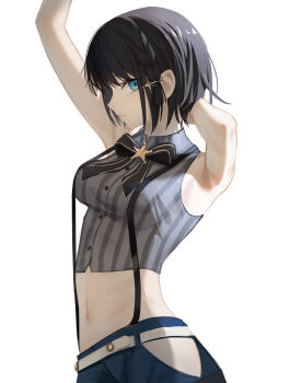 1girl arm_behind_head armpits arms_up bare_arms black_bow black_bowtie black_hair blue_eyes blue_shorts bow bowtie breasts brooch closed_mouth clothing_cutout commentary cropped_shirt expressionless grey_shirt highres hip_vent hololive jewelry looking_at_viewer medium_breasts midriff navel official_alternate_costume oozora_subaru oozora_subaru_(suspenders) pinstripe_pattern pinstripe_shirt shirt short_hair shorts simple_background sleeveless sleeveless_shirt solo star_brooch suspender_shorts suspenders thomas_8000 virtual_youtuber white_background