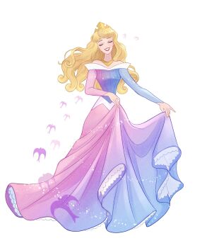 1girl absurdres artist_name aurora_(disney) blonde_hair blue_dress closed_eyes dress full_body gradient_clothes gradient_dress grin hashtag-only_commentary highres long_hair moko_eaka petticoat pink_dress simple_background skirt_hold sleeping_beauty_(disney) smile solo tiara two-tone_dress watermark white_background